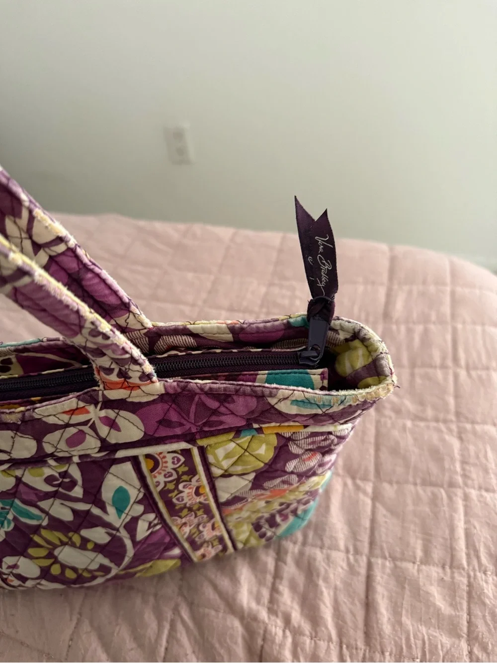 Vera Bradley Purple Floral Quilted Tote with Teal & Yellow Accents
